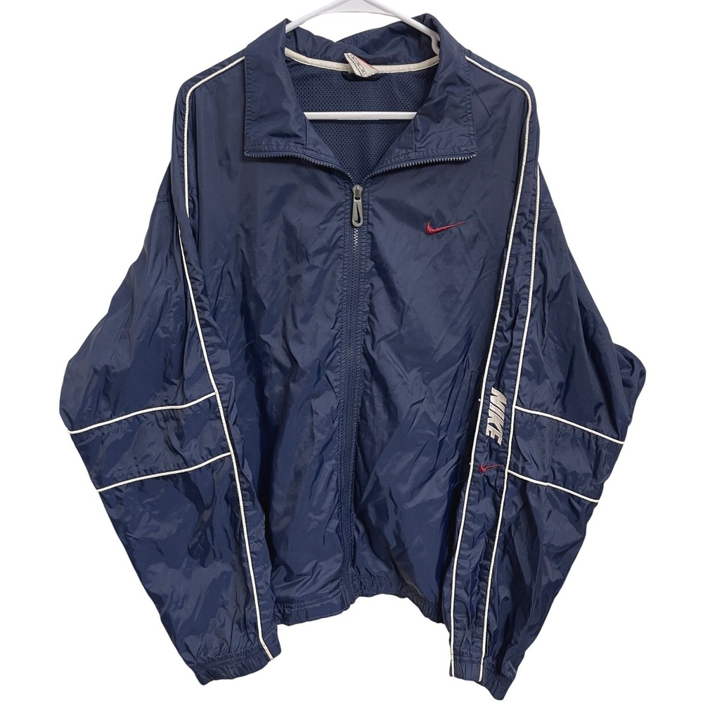 Vintage 90s Nike Windbreaker Track Jacket Navy‎ White Sleeve Spellout Swoosh XL